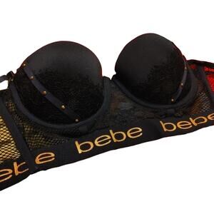 Bebe Intimates 34C Black Bra Gold Lace Goth Sexy Webbed Back Punk Knit Back